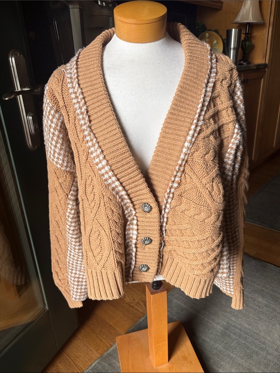 POL Sweaters - POL Camel Cable Knit Cardigan with Cream Accents